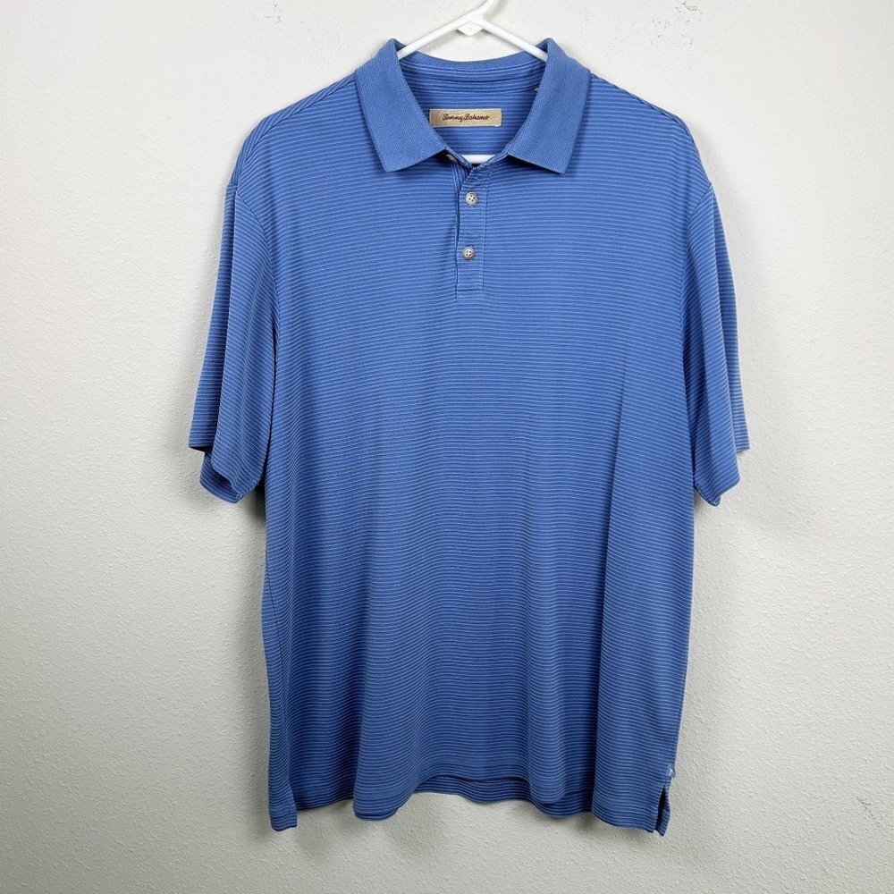Tommy Bahama Polo Shirt Mens Size L Light Blue Textured Stripe Golf Casual